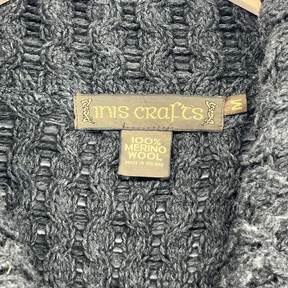 INIS CRAFTS Sweater Womens M Merino Wool Chunky Knit Cardigan Black Ireland - Picture 5 of 15